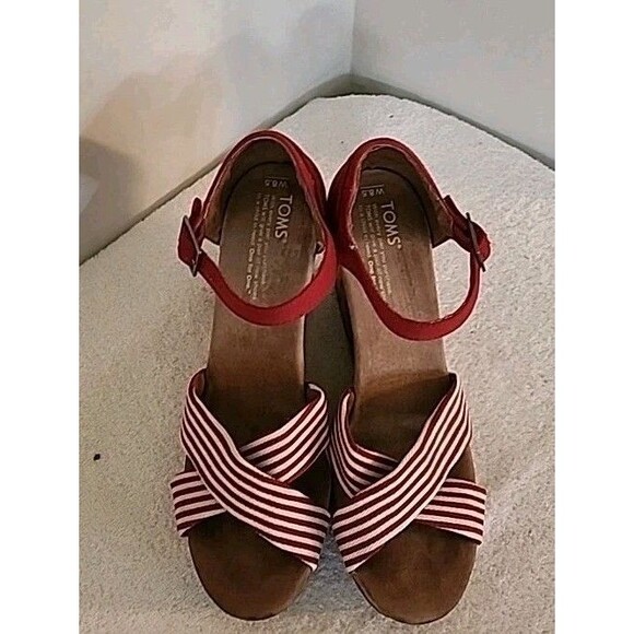Toms Cork Wedge Sandels 8.5 Red University Stripe Canvas Heels Summer Beachy - Picture 1 of 14